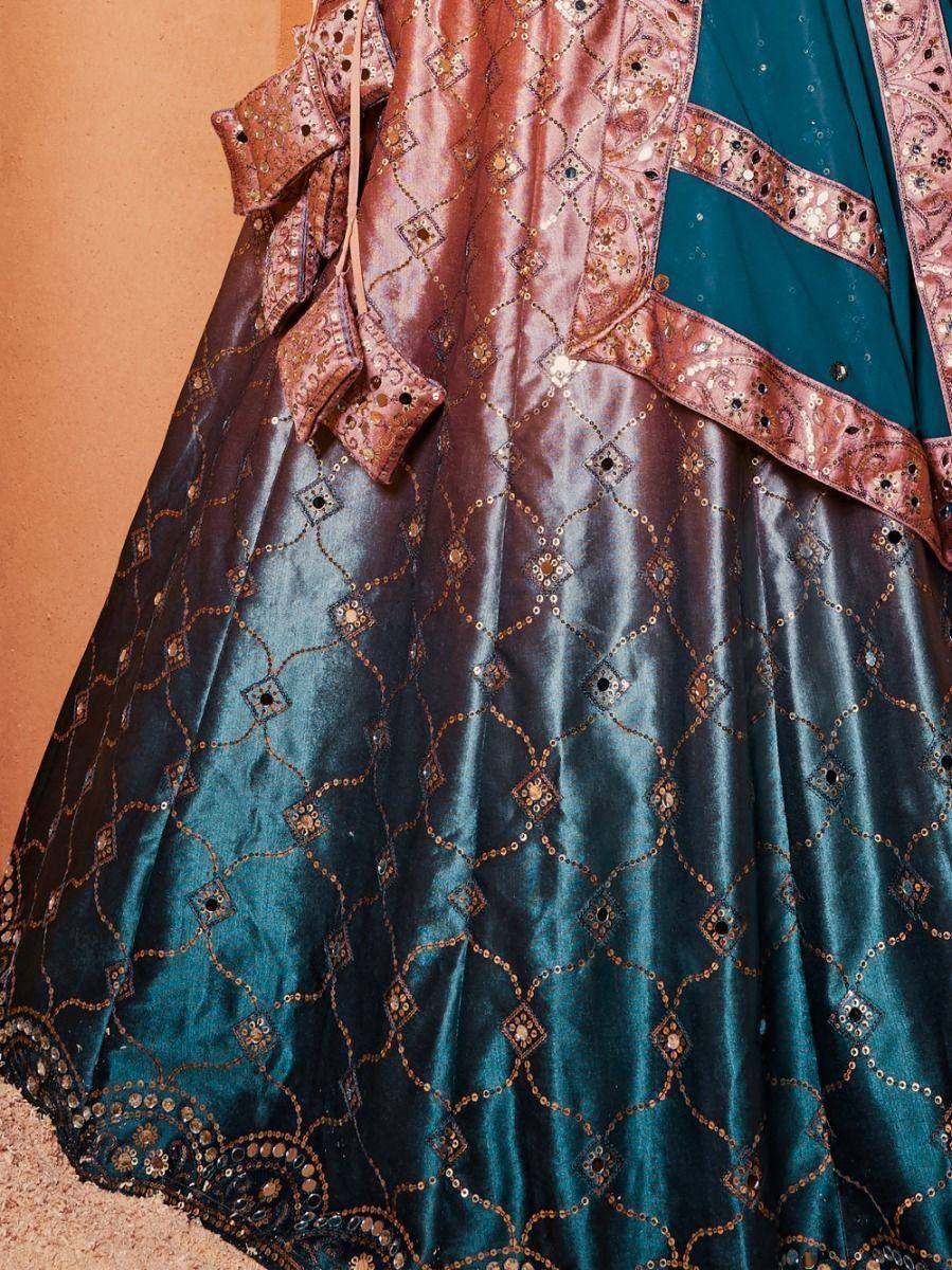 Teal and rose gold embroidered lehenga choli with sequin work, perfect for Indian ethnic wear occasions