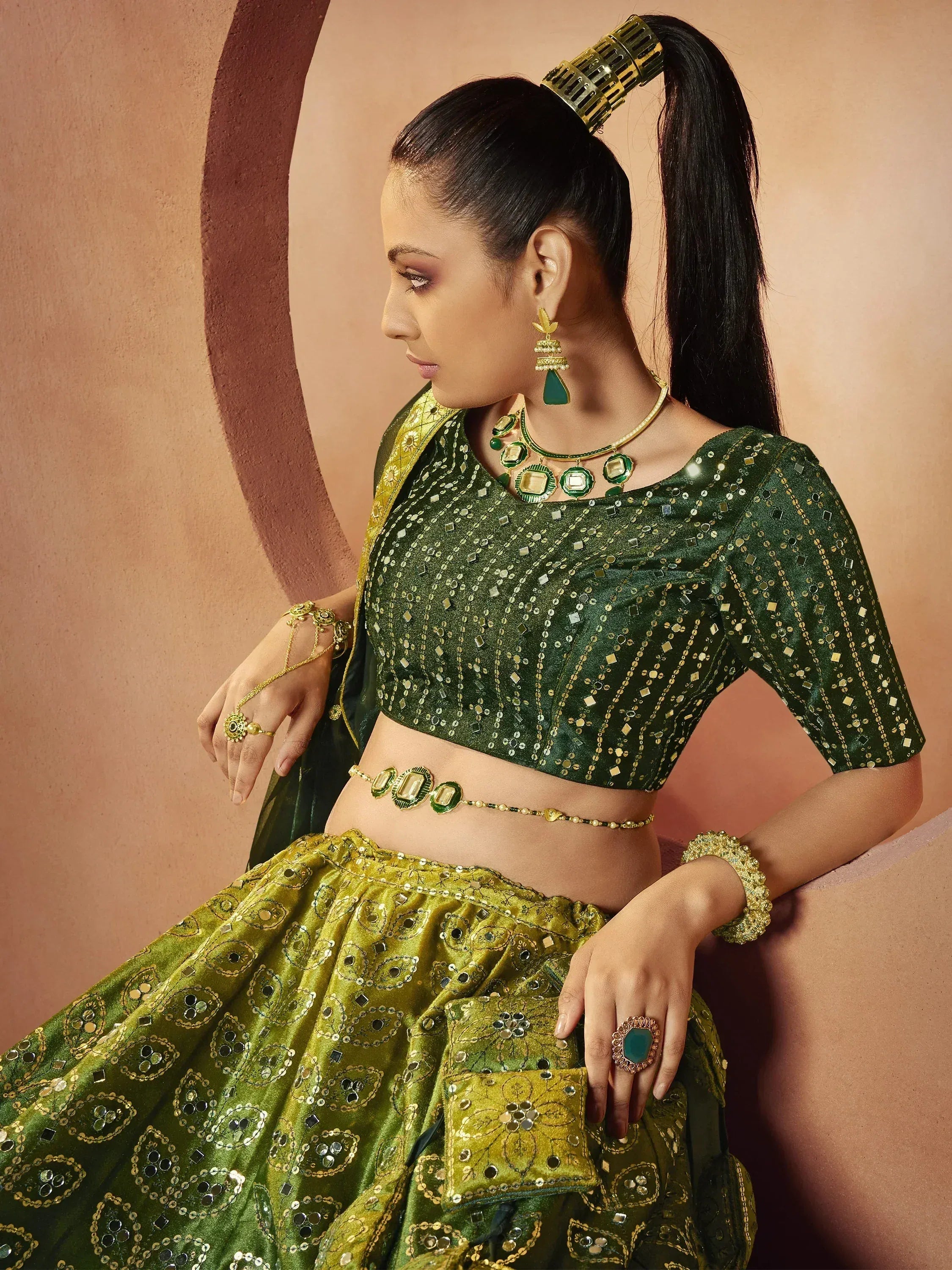 Amazing Green Sequins Embroidered Velvet Lehenga Choli