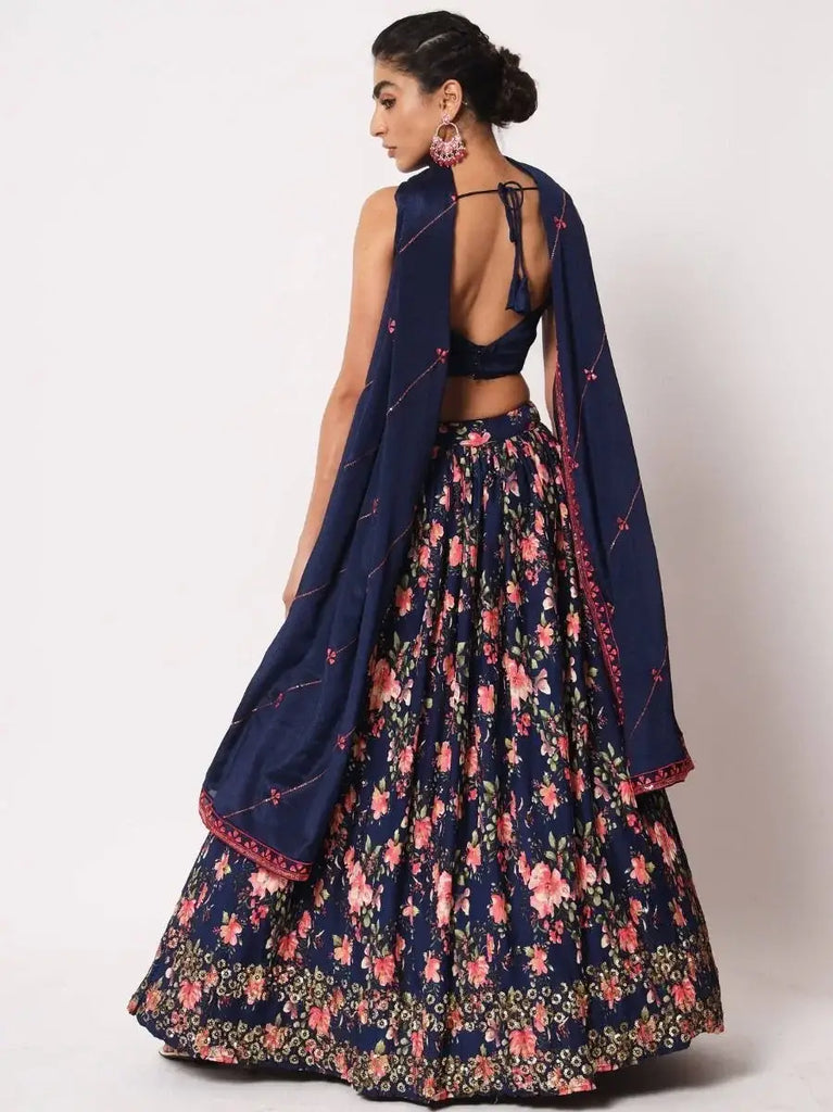 Wonderful Navy Blue Art Silk Floral Fancy Lehenga Choli