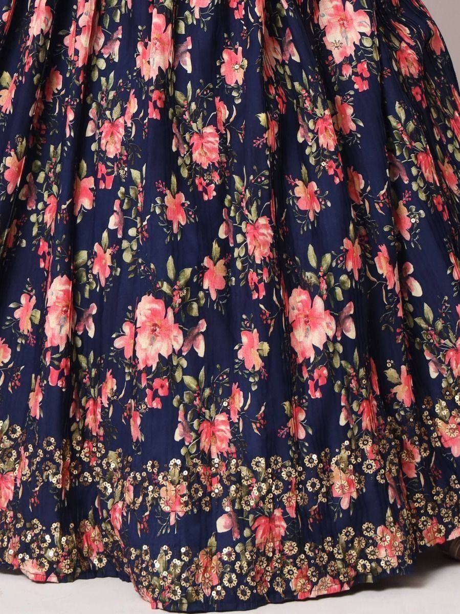 Navy blue floral lehenga skirt with pink blooms and gold sequin border, ethnic wear