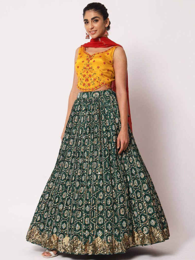 Impressive Green Silk Shibori Print Fancy Lehenga Choli