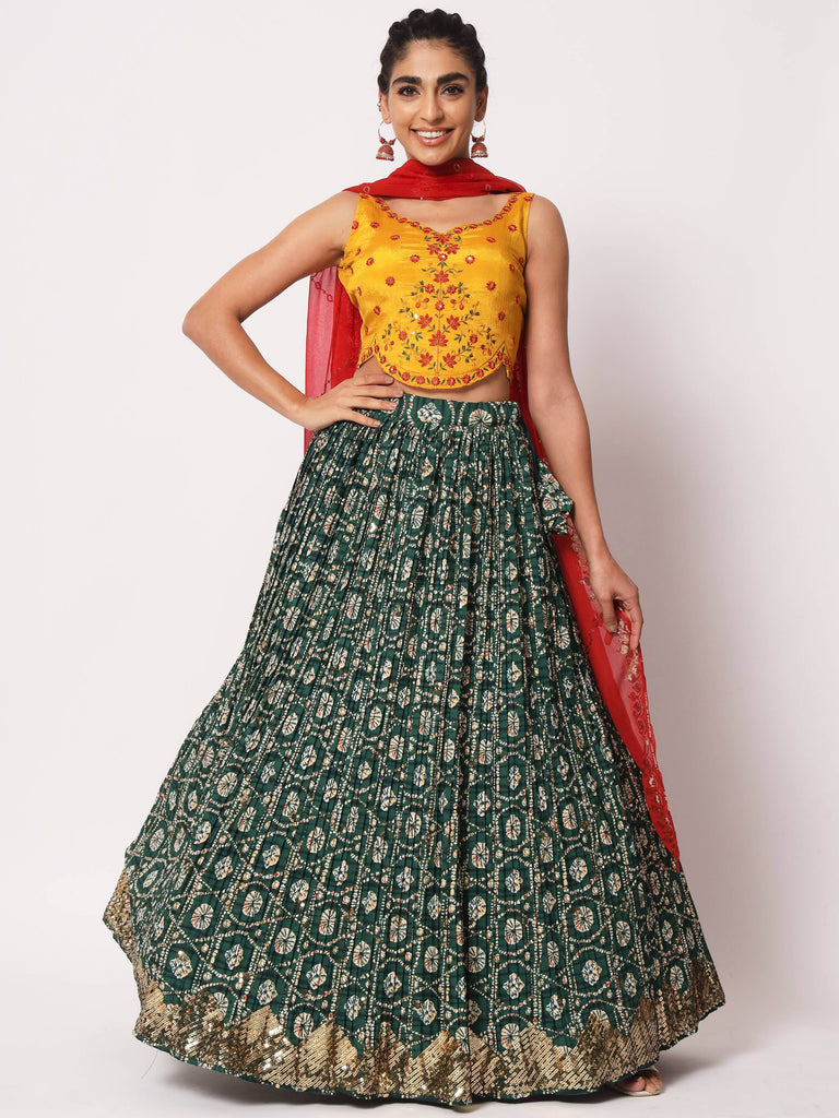 Impressive Green Silk Shibori Print Fancy Lehenga Choli