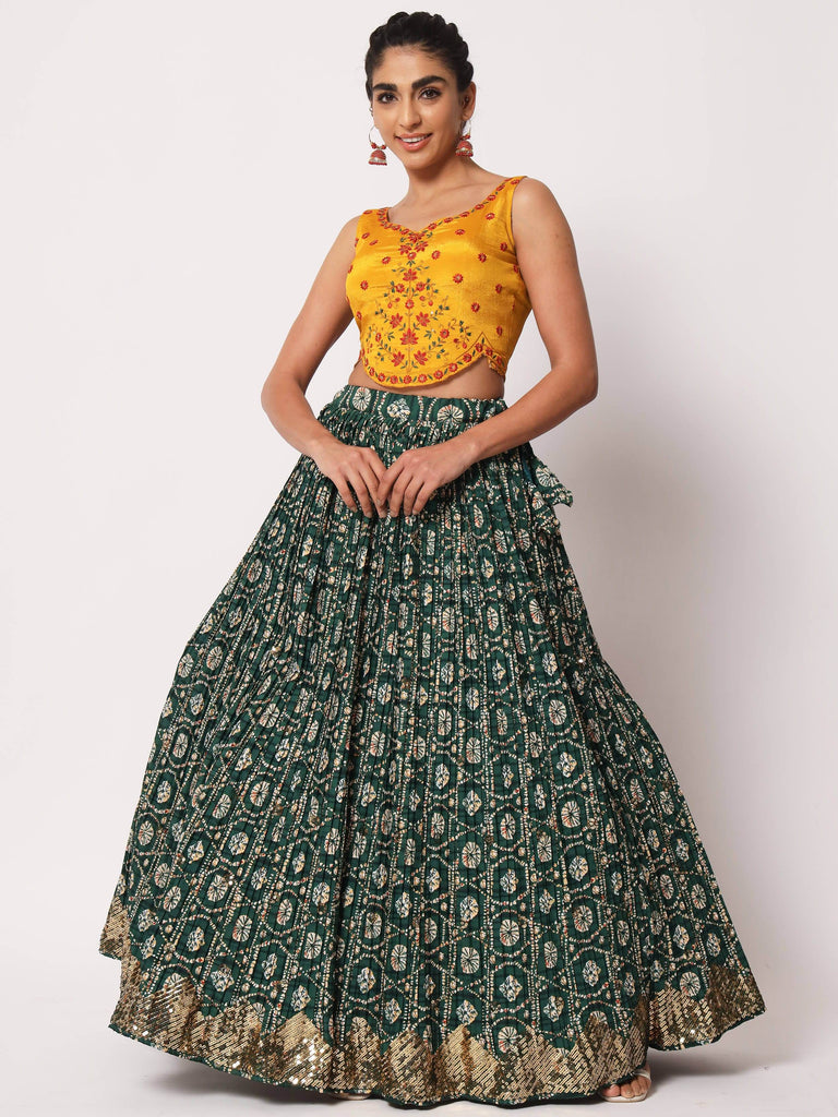Impressive Green Silk Shibori Print Fancy Lehenga Choli
