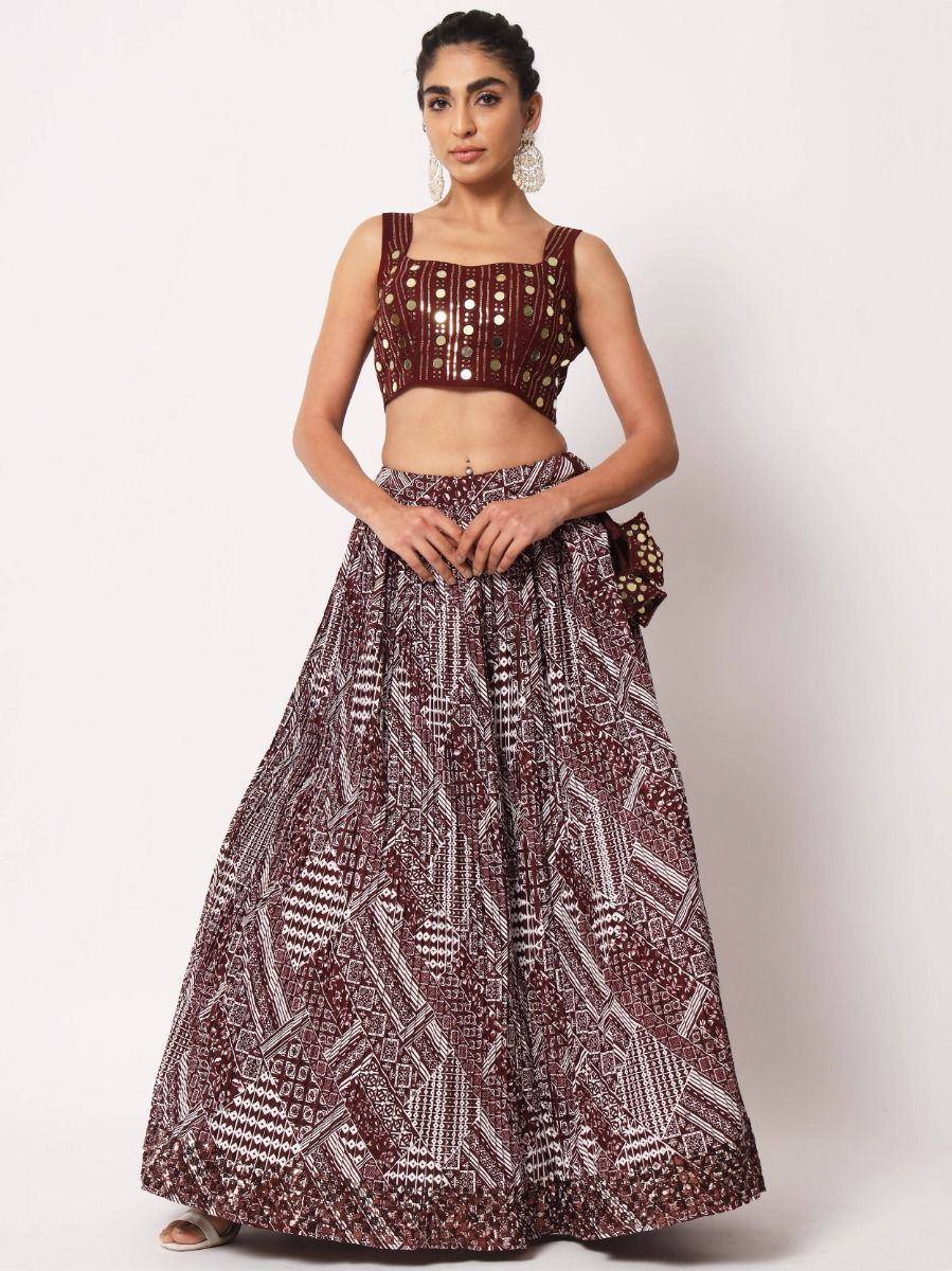 Maroon printed lehenga choli with mirror work top, ethnic wear for women