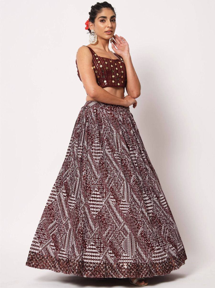 Maroon printed lehenga choli with geometric patterns, ethnic wear for women