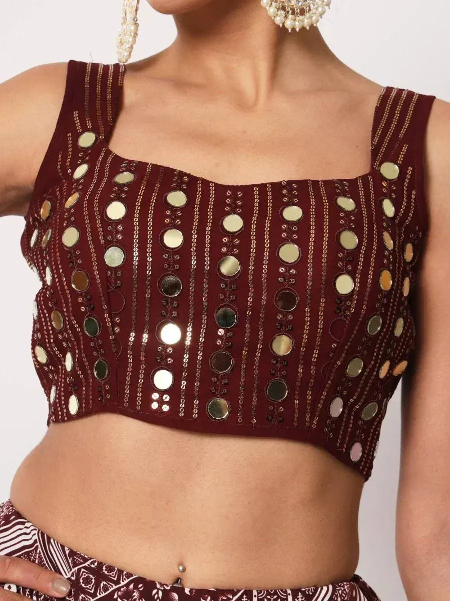 Maroon mirror work blouse with gold embroidery, ethnic Indian wear