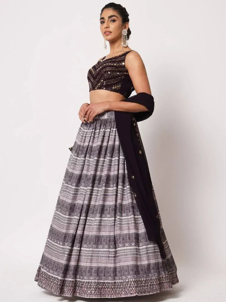 Elegant black and grey printed lehenga choli with sequin blouse, perfect for Indian ethnic occasions