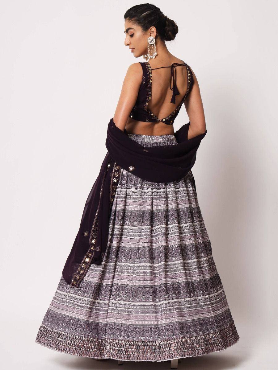 Purple and silver printed lehenga choli with back tie blouse and dupatta, ethnic Indian wear