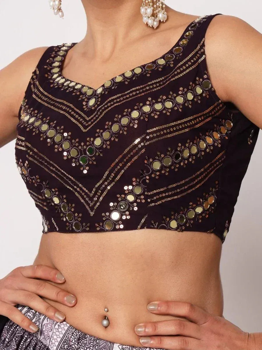 Black embroidered blouse with mirror work, perfect for Indian ethnic wear and designer lehenga choli sets