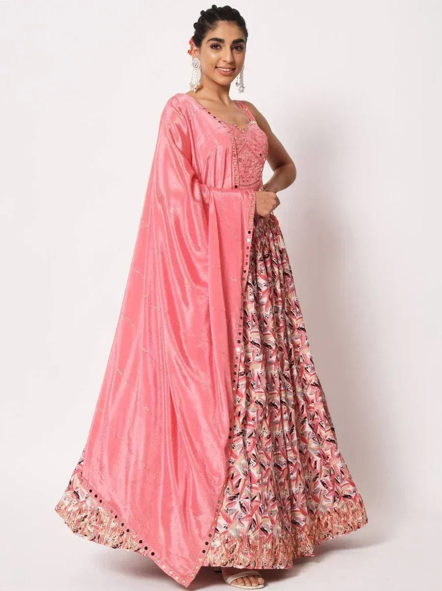 Pink embroidered lehenga choli with floral skirt and cape, Indian ethnic wear for women