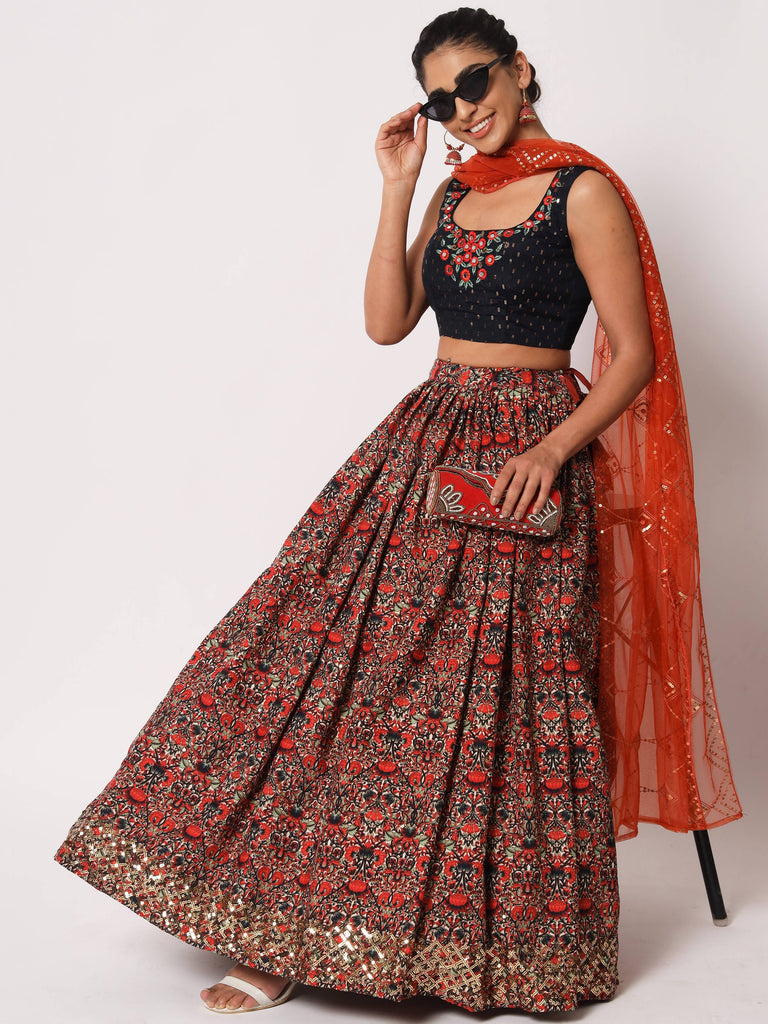 Ravishing Navy Blue Morris Print Silk Festive Wear Lehenga Choli