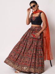 Ravishing Navy Blue Morris Print Silk Festive Wear Lehenga Choli