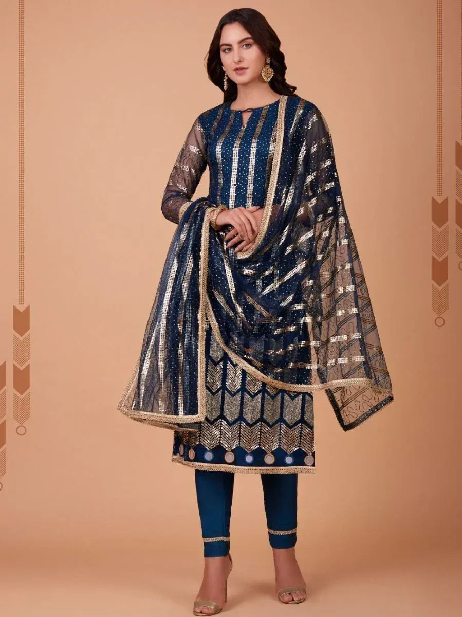 Navy blue designer salwar kameez with gold embroidery and sheer dupatta, ethnic wear for women