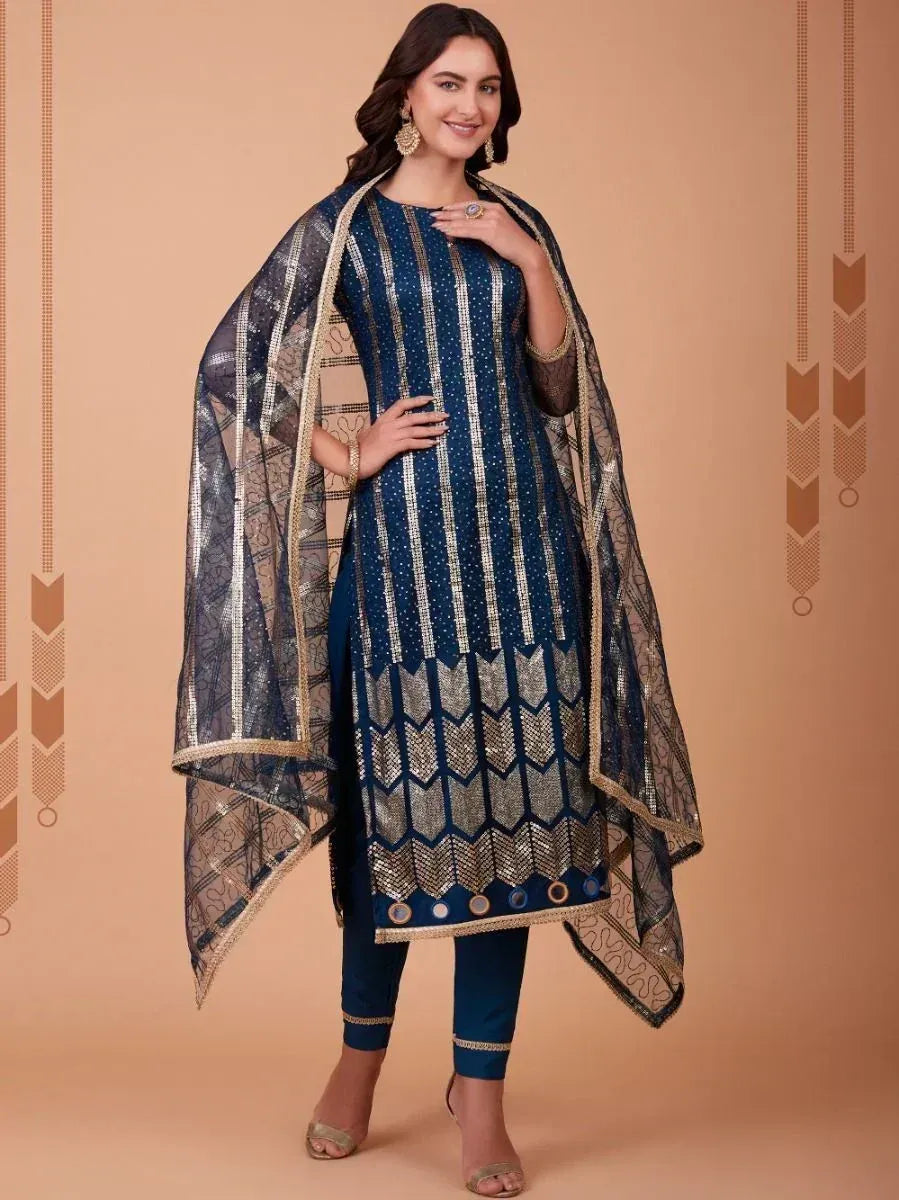 Blue and gold embroidered salwar kameez with matching dupatta, ethnic Indian wear for women
