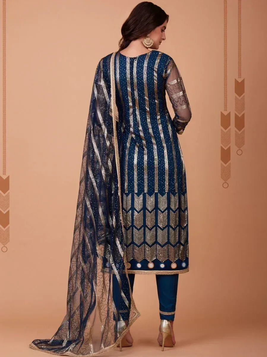 Navy blue designer salwar kameez with gold embroidery and sheer dupatta, ethnic wear for women