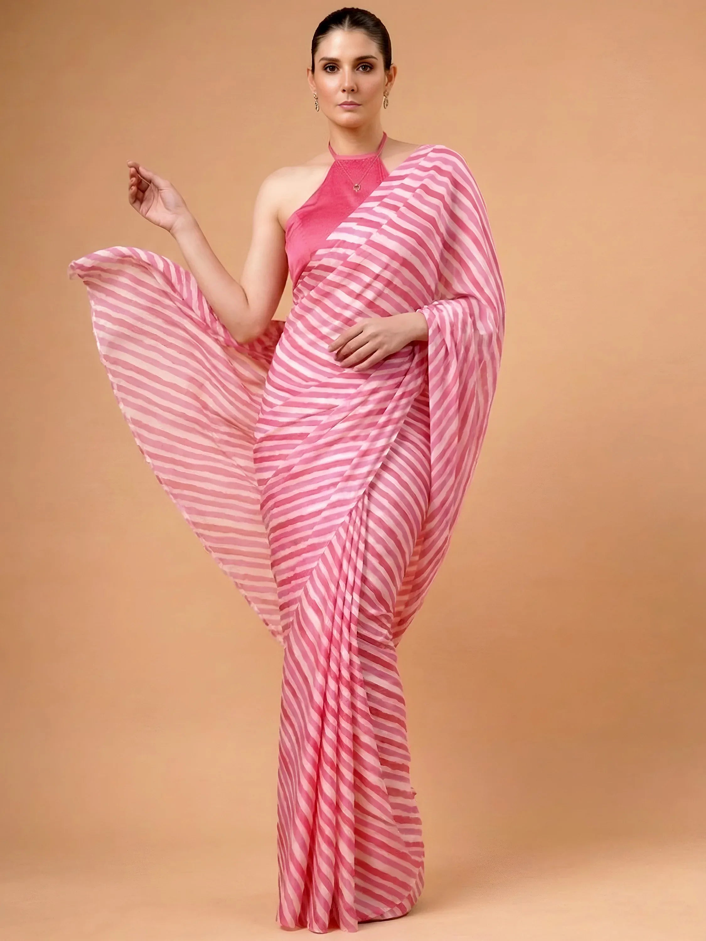 Fascinating Pink Laheriya Printed Satin Wedding Wear Saree With Blouse