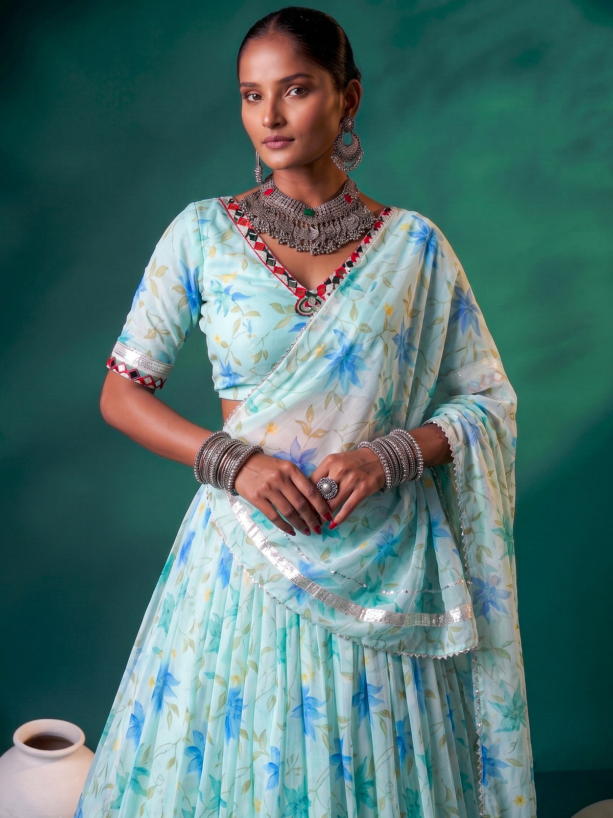 Magnetic Sky Blue Floral Printed Silk Festive Wear Lehenga With Blouse
