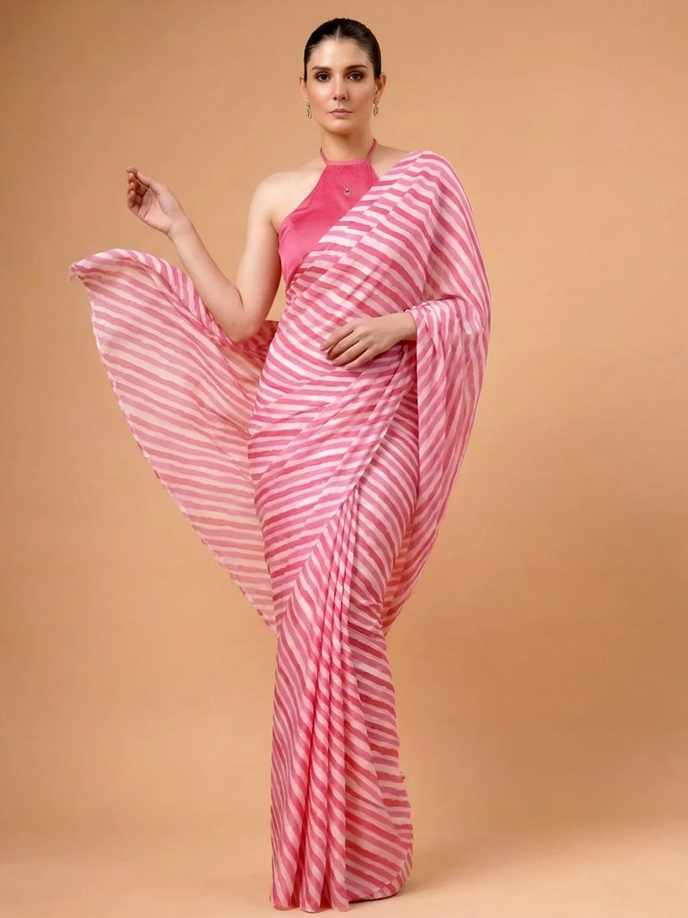 Fascinating Pink Laheriya Printed Satin Wedding Wear Saree With Blouse
