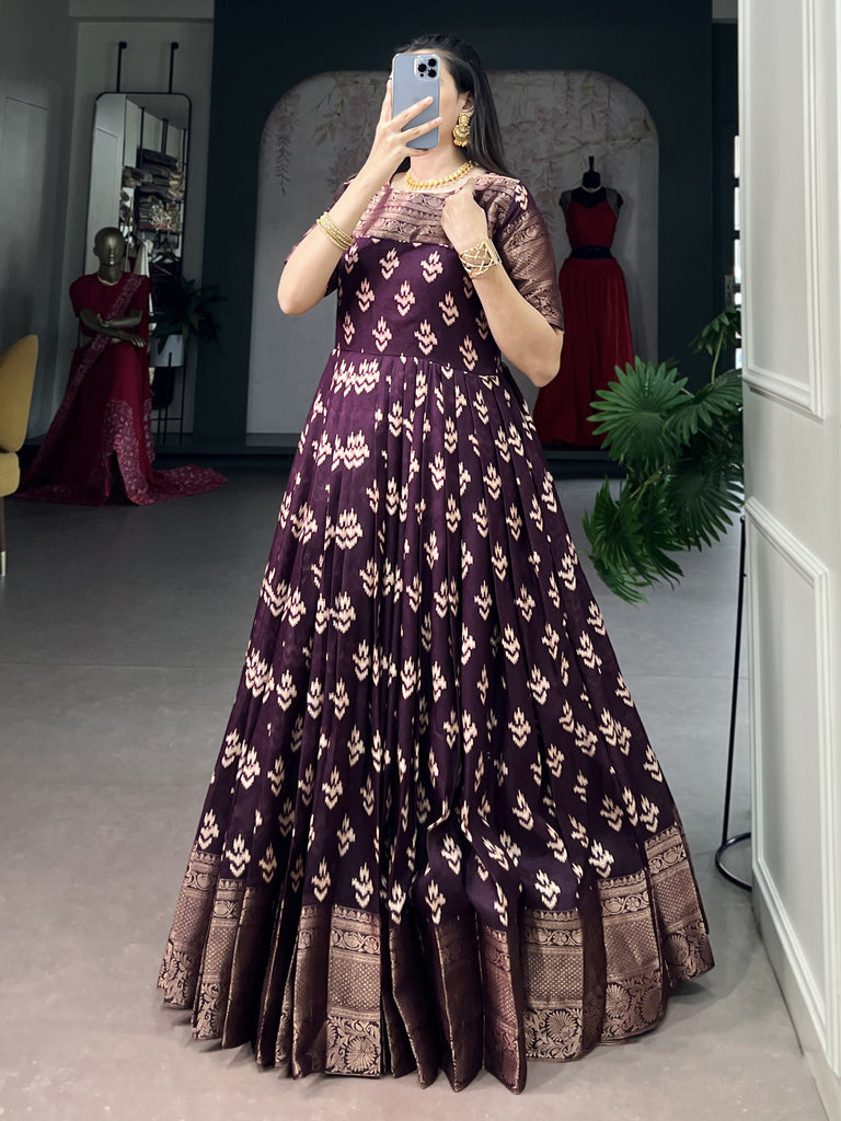 Captivating Wine Zari Weaving Cotton Traditional Gown