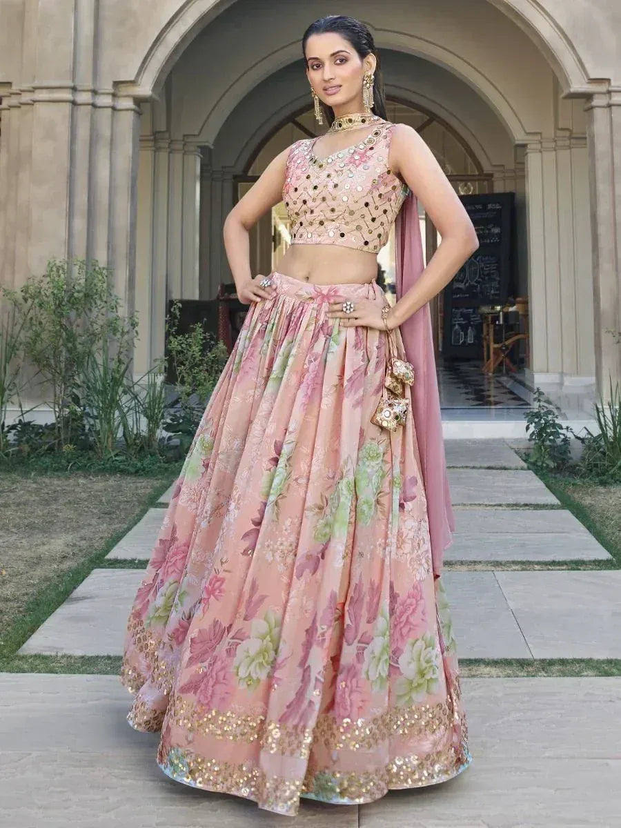 Pink floral lehenga choli with gold embellishments, perfect for Indian ethnic occasions