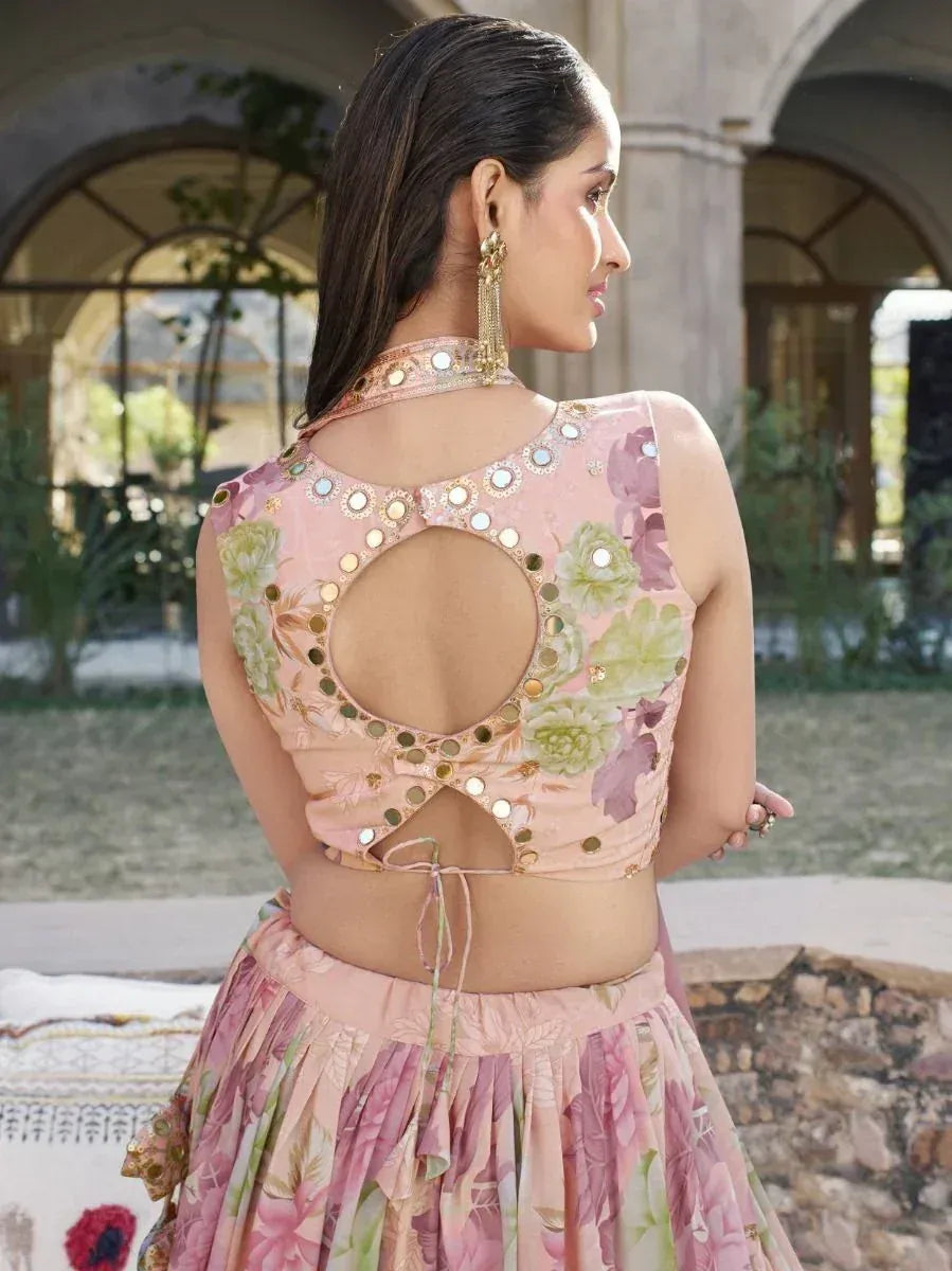 Pink floral lehenga choli with mirror work and back cutout, ethnic Indian wear