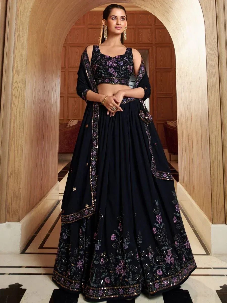 Black floral embroidered lehenga choli with sequin detailing, perfect for Indian ethnic wear occasions