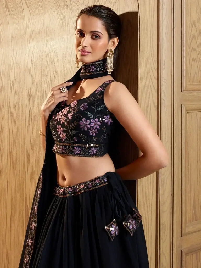 Endearing Navy Sequined Georgette Sangeet Wear Lehenga Choli