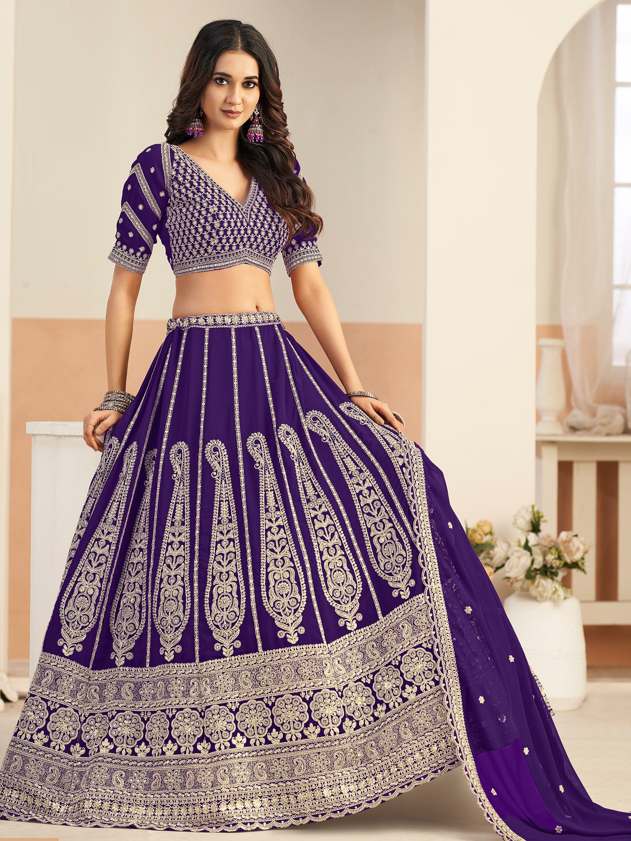 Stunning Purple Sequins Georgette Wedding Wear Lehenga Choli