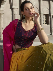 Lovely Mustard Olive Embroidered Georgette Festive Wear Lehenga Choli