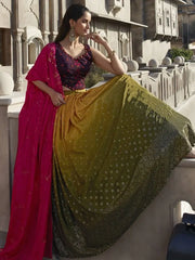 Lovely Mustard Olive Embroidered Georgette Festive Wear Lehenga Choli