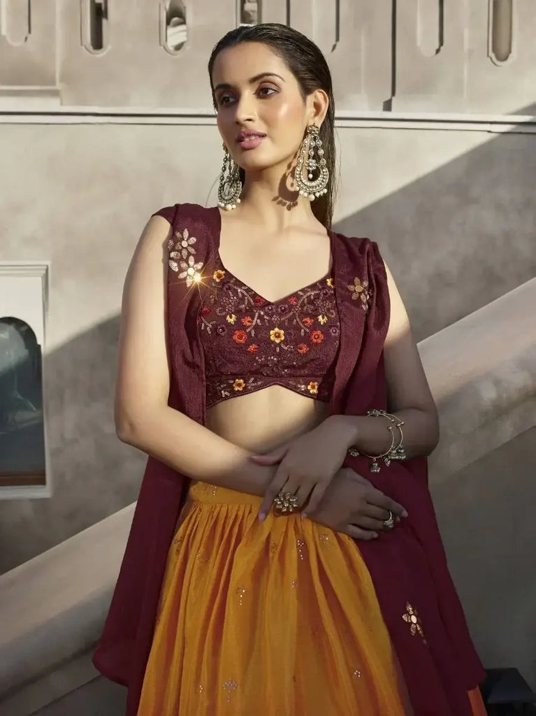 Adorable Ombre Orange Sequined Georgette Festive Wear Lehenga Choli