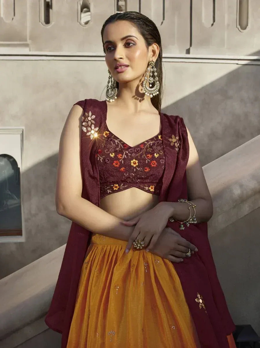 Maroon floral embroidered blouse with mustard yellow lehenga, ethnic Indian wear for women