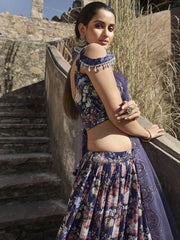 Babelicious Purple Floral Printed Georgette Bridesmaid Lehenga Choli