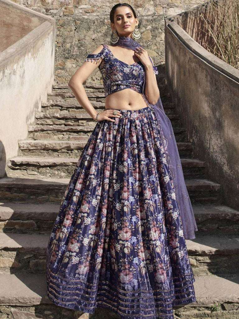 Babelicious Purple Floral Printed Georgette Bridesmaid Lehenga Choli