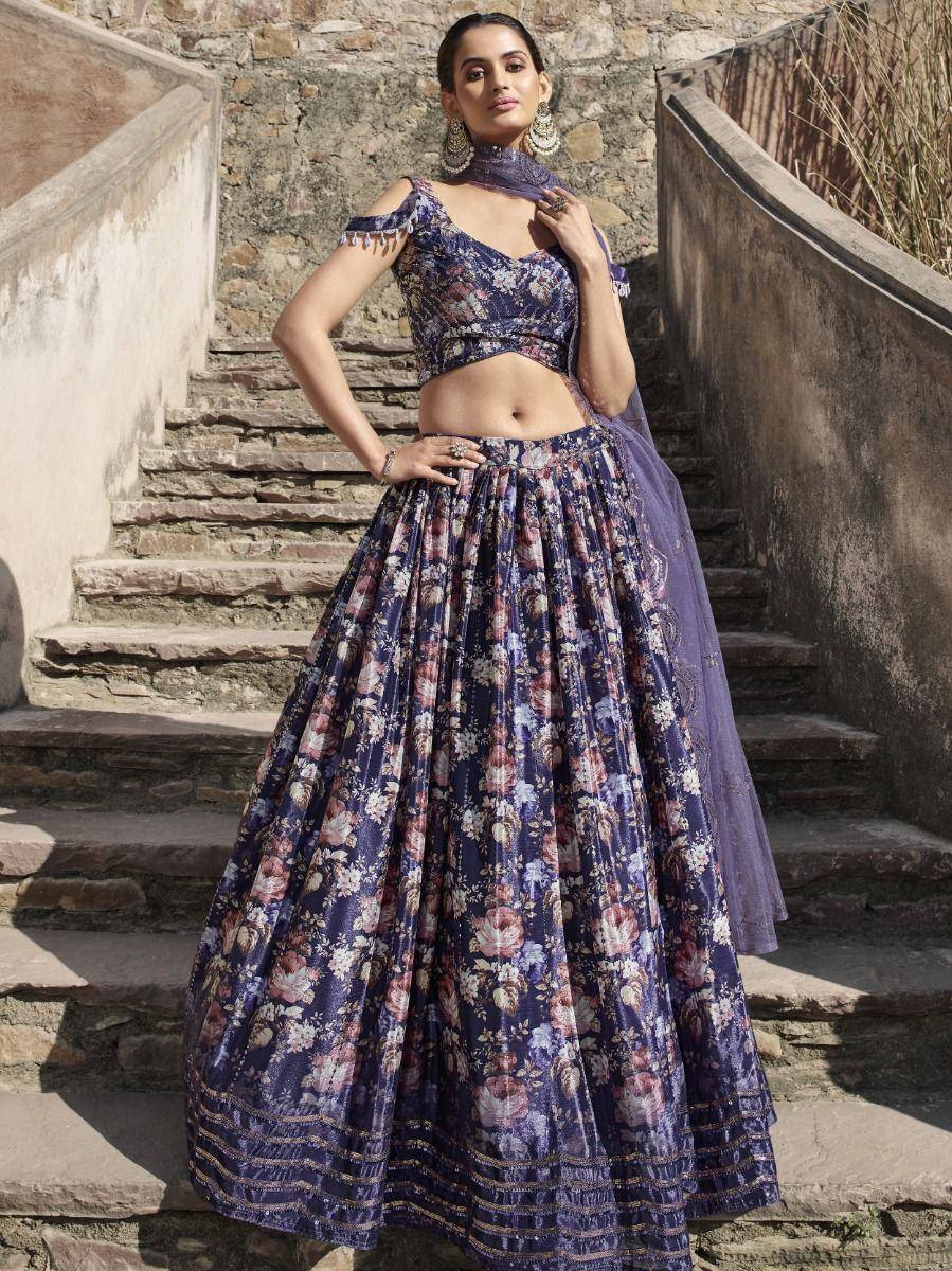 Purple floral lehenga choli with off-shoulder blouse, perfect for Indian ethnic wear events