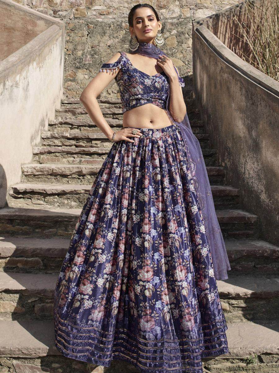 Babelicious Purple Floral Printed Georgette Bridesmaid Lehenga Choli