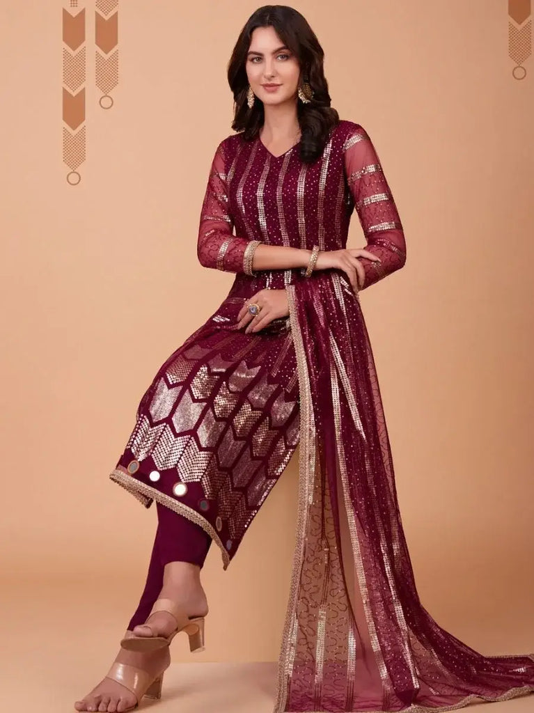 Ravishing Wine Sequence Embroidered Net Salwar Suit