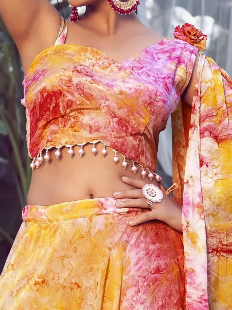 Alluring Yellow Shibori Printed Silk Indo Western Crop Top Lehenga