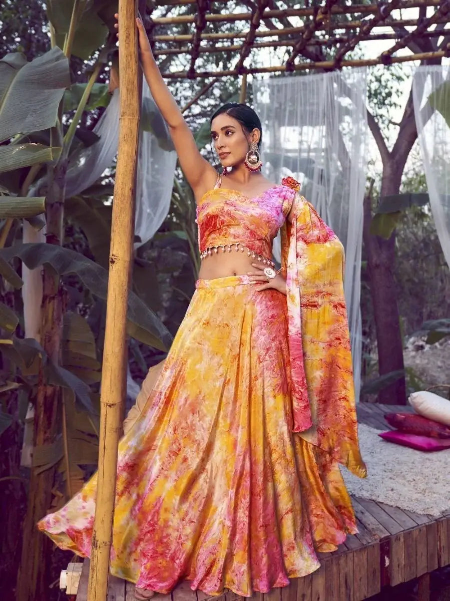 Alluring Yellow Shibori Printed Silk Indo Western Crop Top Lehenga