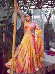 Alluring Yellow Shibori Printed Silk Indo Western Crop Top Lehenga