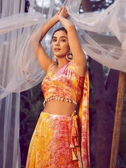 Alluring Yellow Shibori Printed Silk Indo Western Crop Top Lehenga