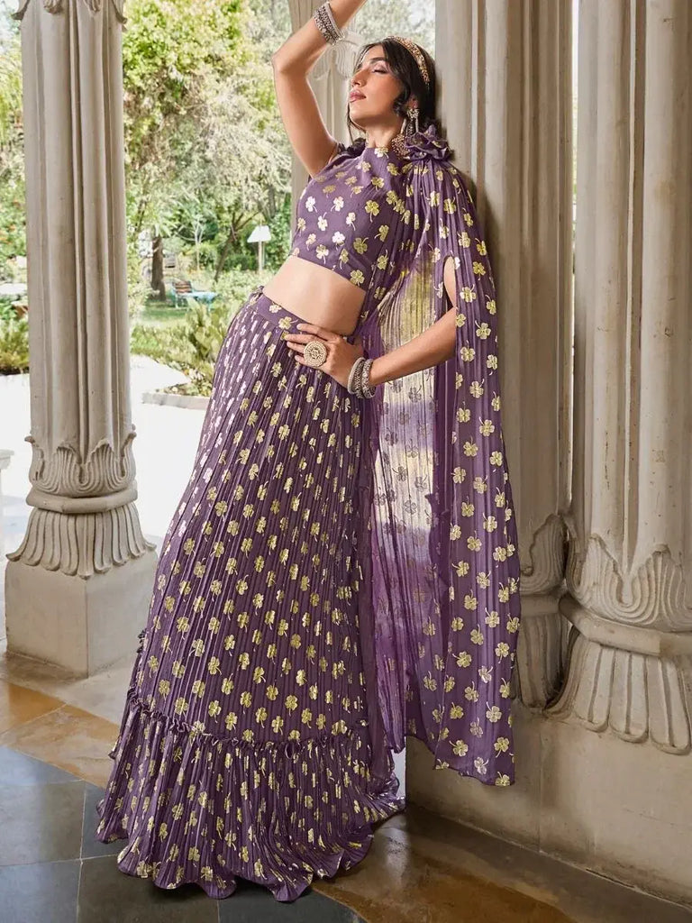Stunning Light Purple Foil Work Georgette Party Wear Lehenga Choli