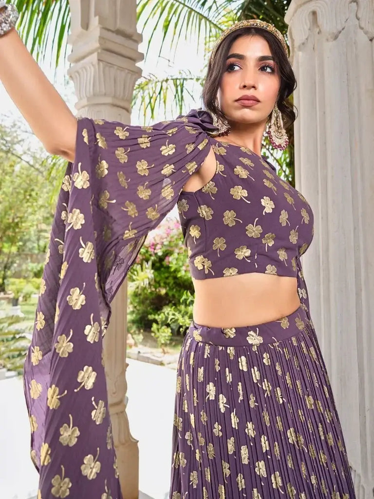 Stunning Light Purple Foil Work Georgette Party Wear Lehenga Choli