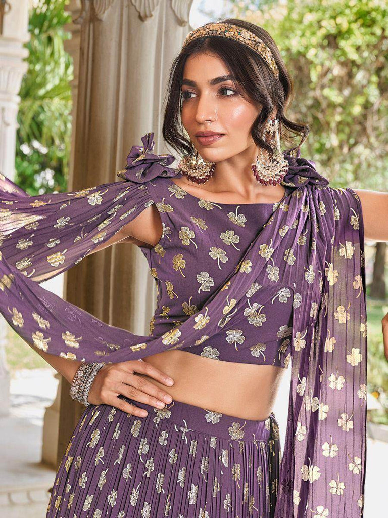 Stunning Light Purple Foil Work Georgette Party Wear Lehenga Choli