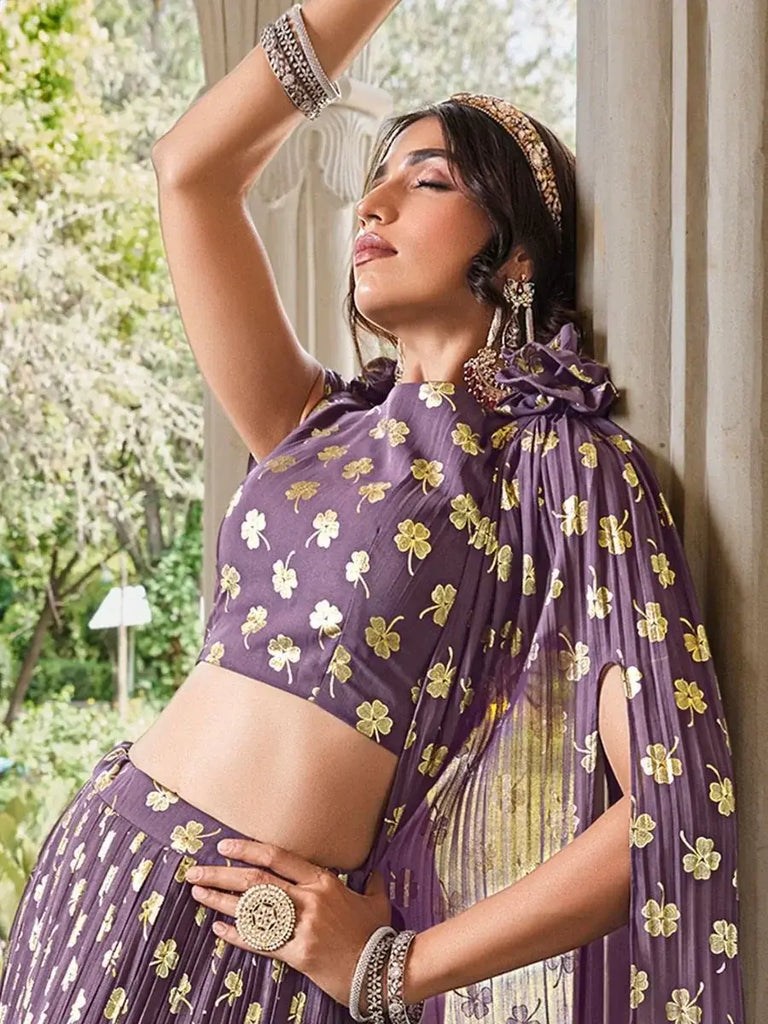 Stunning Light Purple Foil Work Georgette Party Wear Lehenga Choli