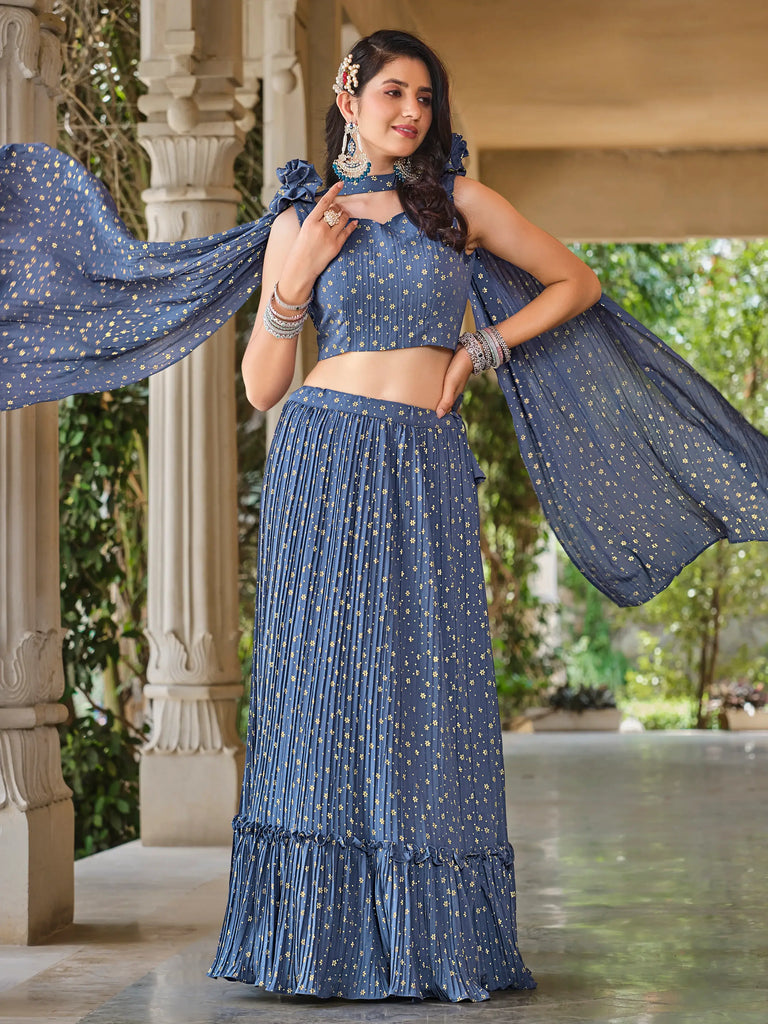 Attractive Grey Foil Work Georgette Party Wear Lehenga Choli