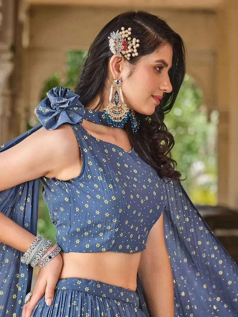 Attractive Grey Foil Work Georgette Party Wear Lehenga Choli