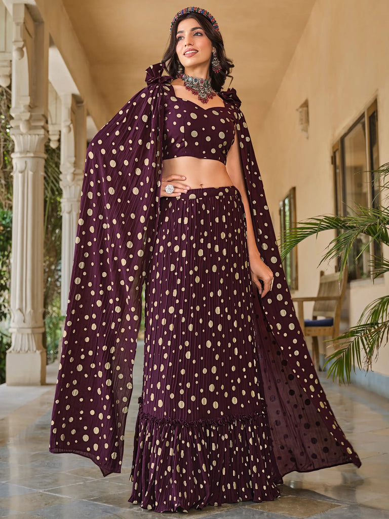 Stunning Wine Foil Work Georgette Party Wear Lehenga Choli