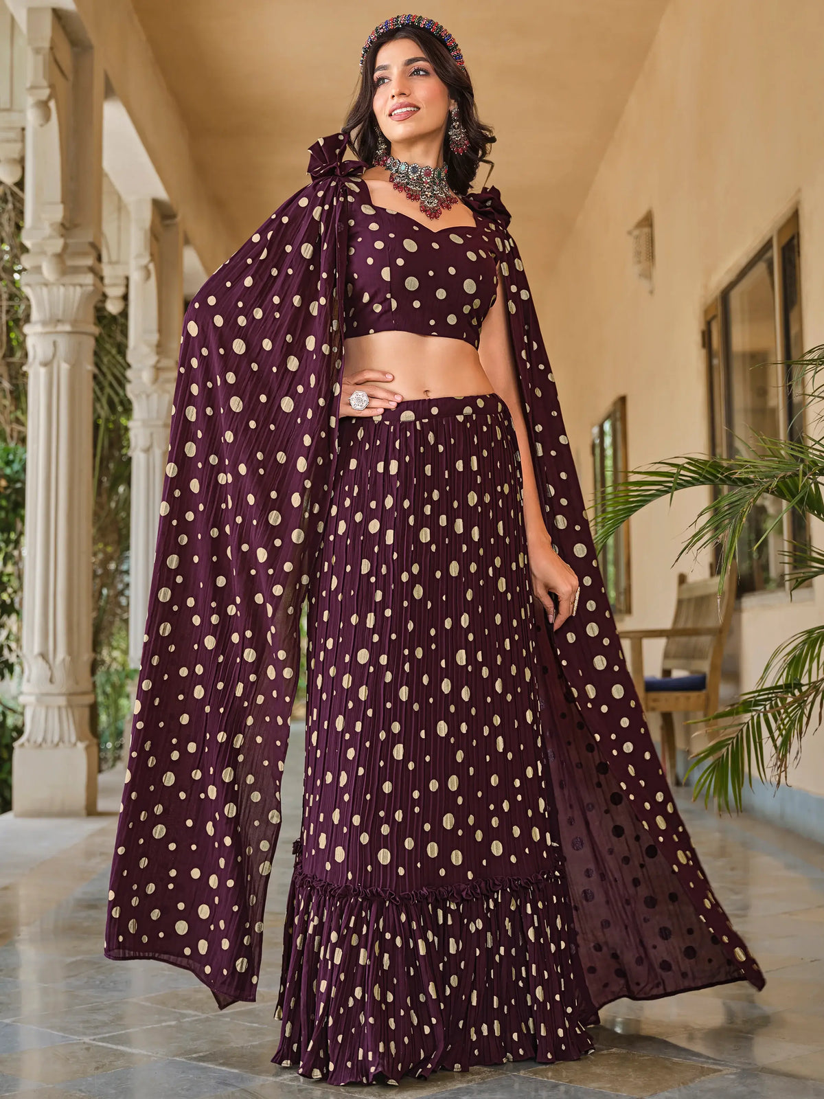 Stunning Wine Foil Work Georgette Party Wear Lehenga Choli