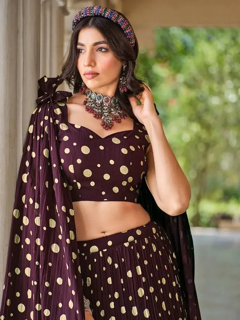 Stunning Wine Foil Work Georgette Party Wear Lehenga Choli